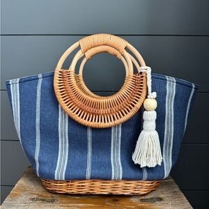 Straw Studios Navy White Bag Striped Round Woven Handles Beachy Nautical Summer
